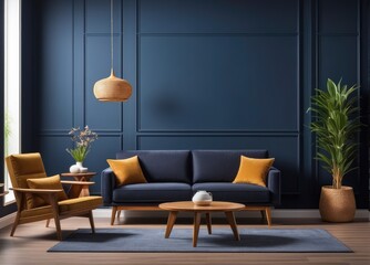Stylish Modern wooden living room has an armchair on empty dark blue wall background