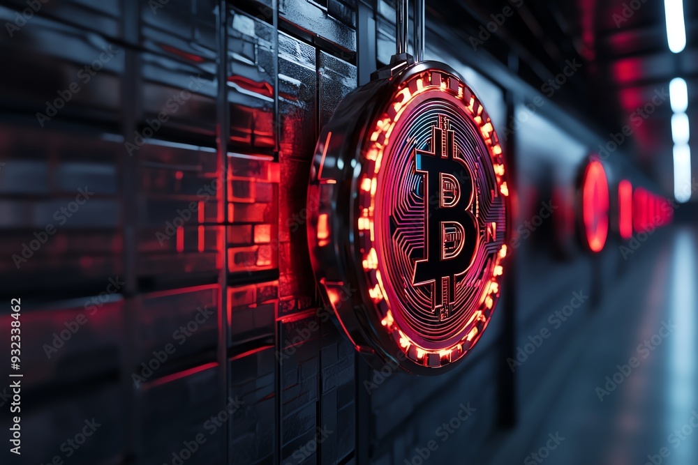 Poster Illuminated Bitcoin symbol in a modern digital environment, representing cryptocurrency technology and innovation.