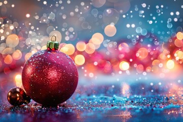 Obraz premium A bright red Christmas ornament perched on the edge of a table, perfect for festive decorations and holiday events
