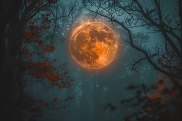 A full moon is seen through the trees