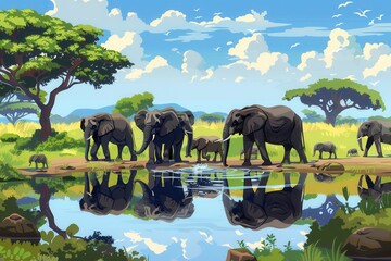 Elephants gather around a tranquil waterhole, drinking and socializing in a vibrant savannah landscape under a brilliant sky. Generative AI