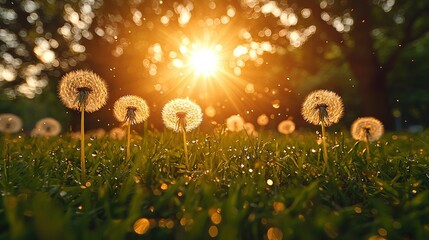   A field of dandelions swaying in the wind under the warm sun