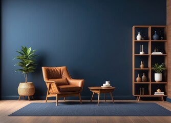 Stylish Modern wooden living room has an armchair on empty dark blue wall background