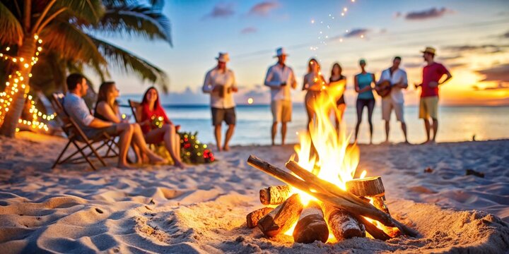 Celebratory Beach Gathering by the Fire. A joyful group of people gathered around a bonfire on a serene beach at dusk, illuminated by the warm glow of the fire and twinkling string lights. 