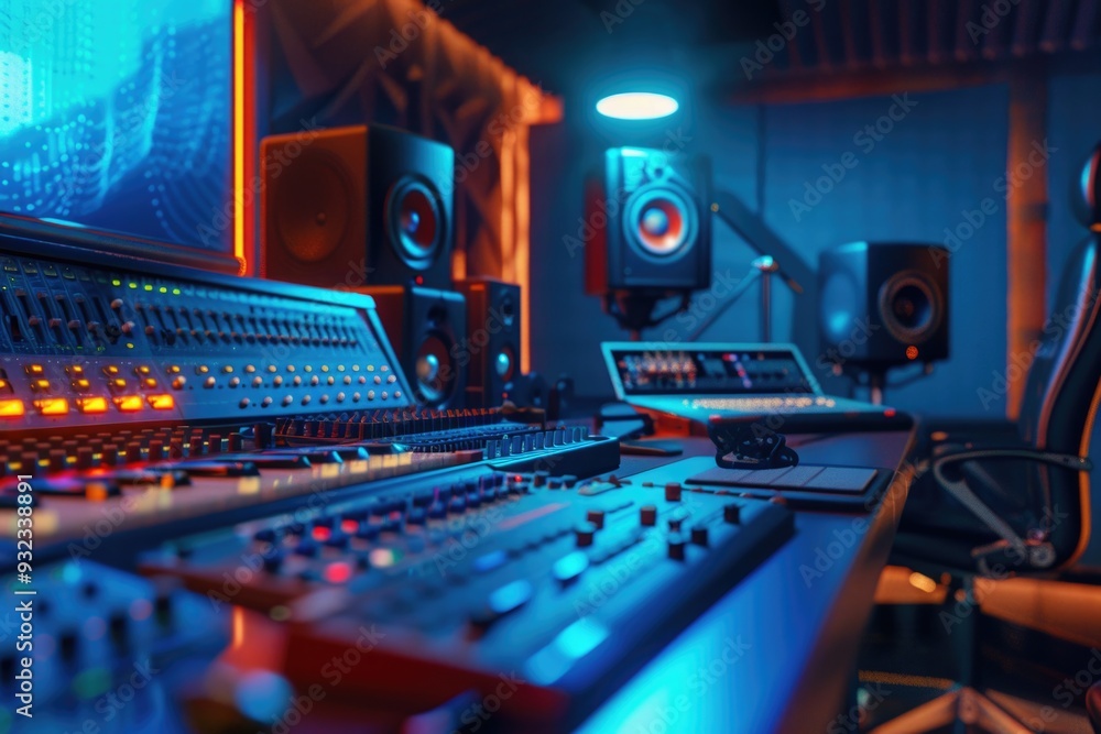 Poster professional music recording studio with various sound equipment and instruments