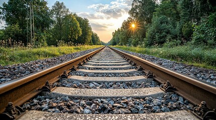Obraz premium A train track with sunlight filtering through trees on the opposite side creates a lush green field and additional tree coverage beyond the tracks