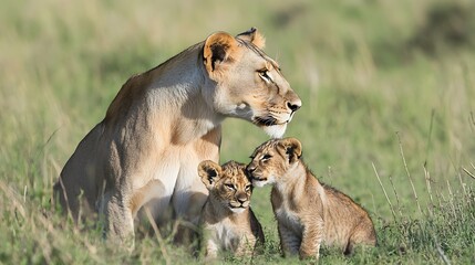 Naklejka premium Lioness Gently Nuzzling Her Cubs in a Peaceful Natural Habitat