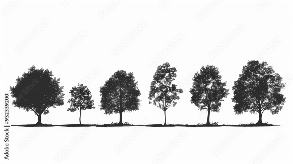 Poster a simple and minimalist illustration of a row of trees against a white background