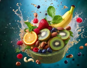A dynamic splash of vibrant smoothie ingredients blending together, with fruits, nuts