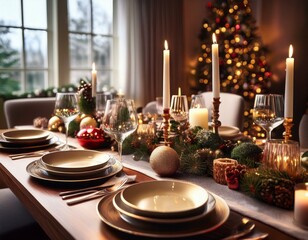 A festive holiday table setting with elegant dinnerware, candles, and seasonal decorations
