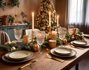 A festive holiday table setting with elegant dinnerware, candles, and seasonal decorations
