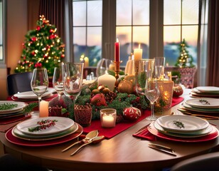 Fototapeta premium A festive holiday table setting with elegant dinnerware, candles, and seasonal decorations