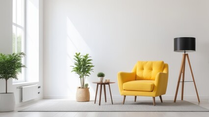 Interior of a bright living room with armchair on empty white wall background