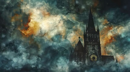 An abstract painting of a church with a clock tower, set against a dark and stormy sky.