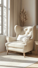 Fototapeta premium Vertical photo of a comfortable and modern armchair in light beige colors and sun light reflection