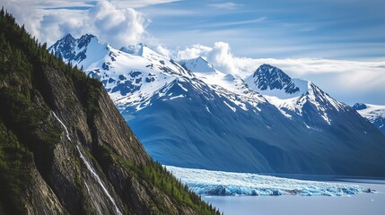 A Breathtaking Landscape of Majestic Snow-Capped Mountains and Glacial Ice in Nature