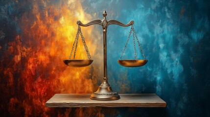 A balanced scale against a fiery and calm background, symbolizing the duality of justice and equilibrium, capturing the essence of balance, fairness, and contrasting legal forces of the law