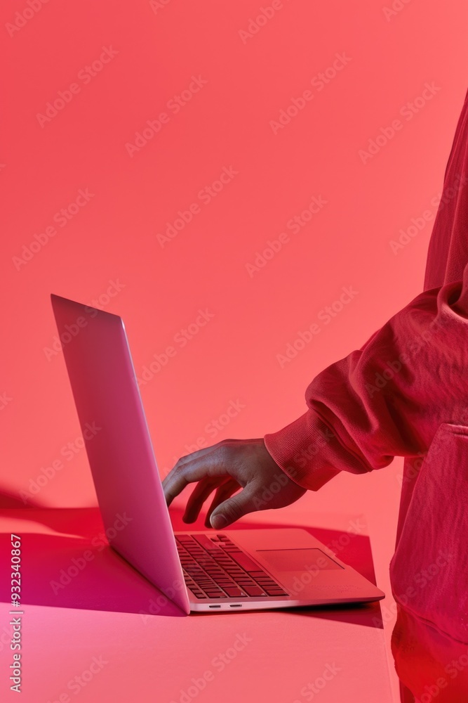 Poster a person working on a laptop computer placed on a table, great for office or home use scenes