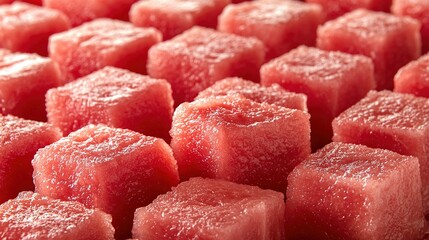   A stack of watermelon cubes arranged on top of one another forms a pile