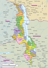 Fototapeta premium Detailed physical map of Malawi