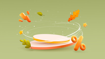 Autumn sale podium with falling leaves and discount tags. Fall sale advertising banner. Thanksgiving or seasonal marketing materials. Vector illustration on green background.
