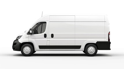 A side view of a white delivery van, showcasing its design and utility for transportation.