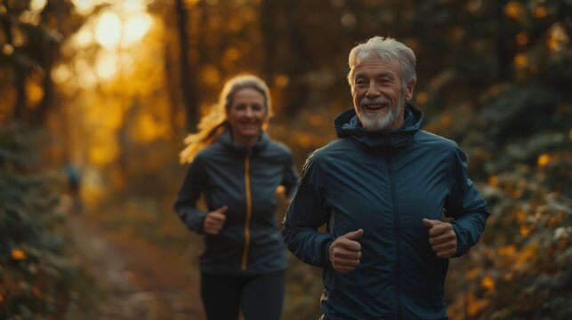A joyful older man jogging in nature alongside a female companion, embodying vitality, health, and the joy of life through an active lifestyle while running on a path in the woods during autumn