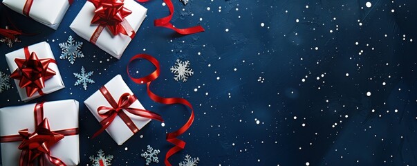 picture is filled with white gift boxes tied with red ribbons, scattered silver stars and snowflakes on a dark blue background, creating an atmosphere of joy for Christmas Generative AI