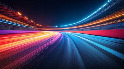 Fototapeta premium A high-speed motion blur shot of a race on a brightly lit track at night, capturing the intensity, speed, and adrenaline of the event