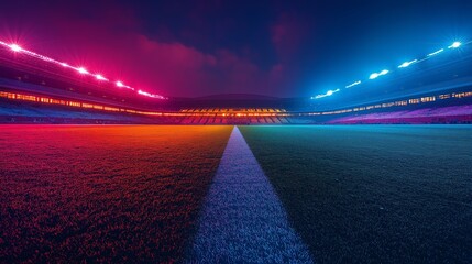 A panoramic view of a brightly lit stadium and field at sunset, highlighting the anticipation and excitement in the air before a major sporting event begins at a professional arena