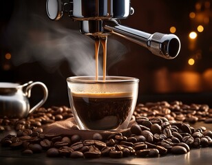 A gourmet coffee setup with a steaming espresso shot being pulled from a sleek espresso mach