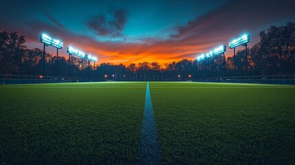 A panoramic view of a brightly lit stadium and field at sunset, highlighting the anticipation and excitement in the air before a major sporting event begins at a professional arena
