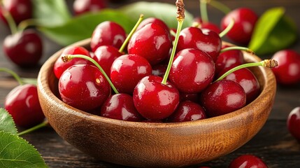   Wooden bowl, cherry-filled, sits on green leaf table