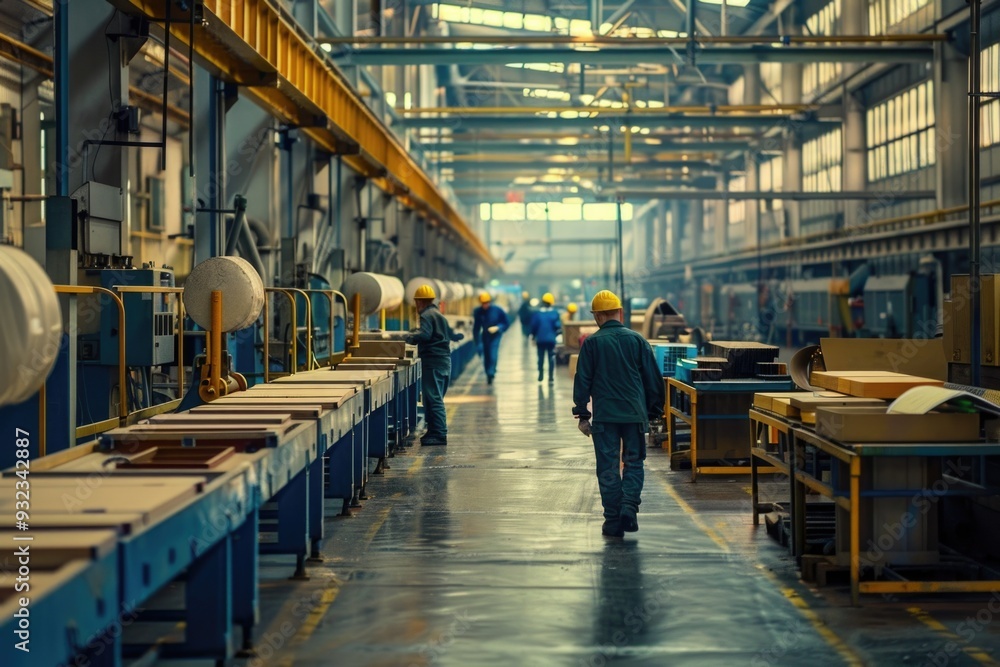 Poster a group of workers moving through a modern industrial setting