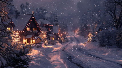 Fototapeta premium New Year's Houses Decorated with Festive Lights warm, festive atmosphere outside