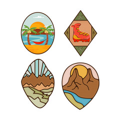Outdoor adventure badges set. Camping adventure labels in retro flat style. Mountain logo graphics for t-shirt. Stock colorful artwork with hiking boot