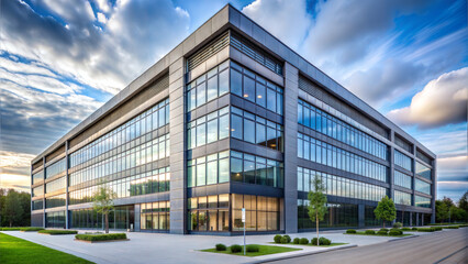 Obraz premium Modern glass office building with a reflective facade, surrounded by greenery and dramatic sky