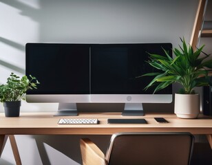  A minimalist desk setup with dual monitors, a wireless charging pad, and a potted plant, emp.jpg, A minimalist desk setup with dual monitors, a wireless charging pad, and a potted plant