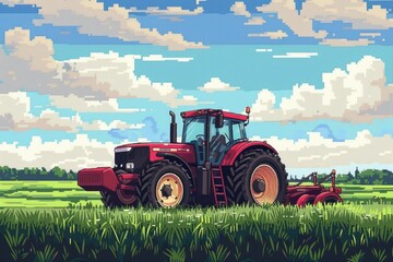 Fototapeta premium A red tractor parked in a green field with no other objects around