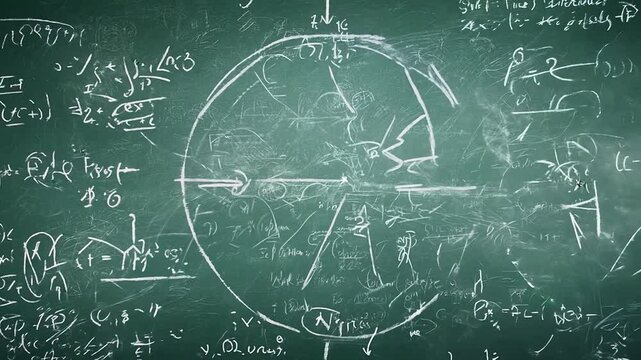 Formulas and symbols of mathematics drawn with chalk on a green board.