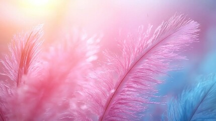 Obraz premium Close-up of a vibrant pink and blue feather against a blurry backdrop, with the sun shining behind it