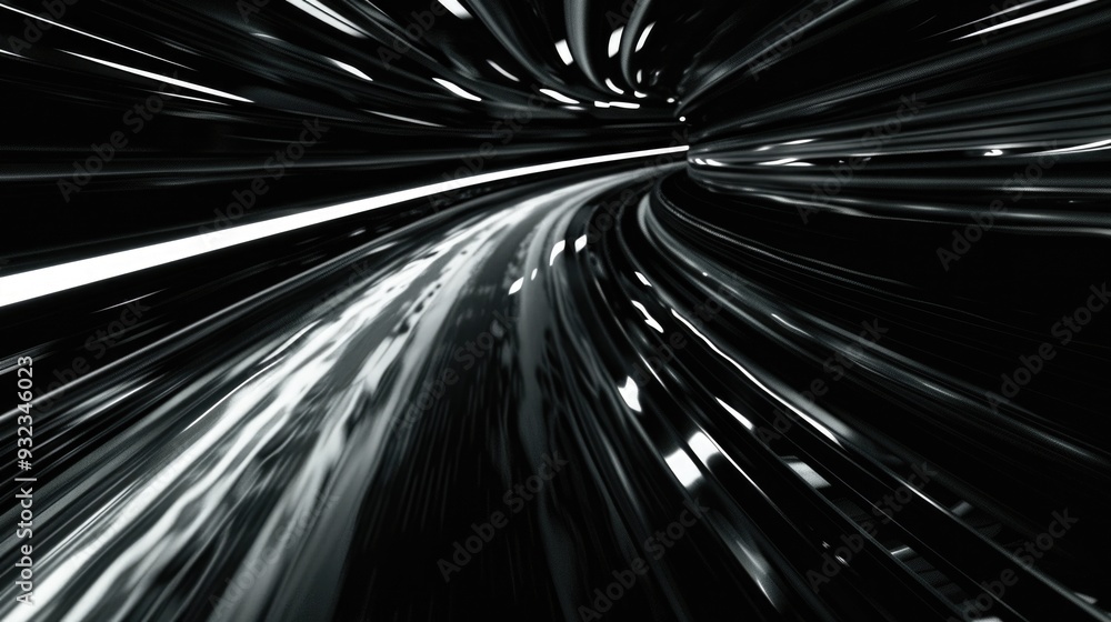 Poster a black and white image of a train passing through a tunnel