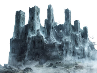 A haunting, mist-covered castle ruin draped in ghostly cobwebs, exuding a mysterious and eerie atmosphere.