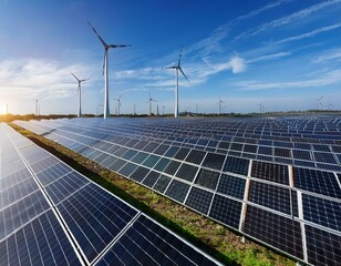 A renewable energy farm with rows of wind turbines and solar panels, harnessing the power