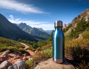 A reusable water bottle on a hiking trail, with mountains in the background, emphasizing eco