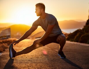 A runner stretching before a morning jog, with the sunrise casting a warm glow, highlighting.