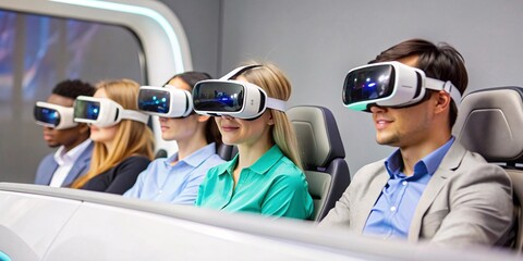 Experiencing the Future: People Testing VR in a Car Showroom. A group of businesspeople are immersed in a virtual reality experience while sitting in a row of cars at an auto show.