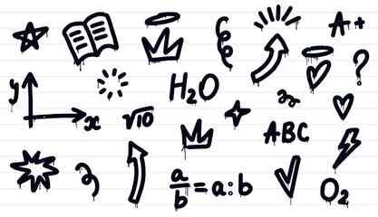 School graffiti set. Trendy Y2K urban street style on a lined notebook paper. Educational symbols. Splash effects and drops. Grunge and spray texture. Perfect for back-to-school and youth branding.
