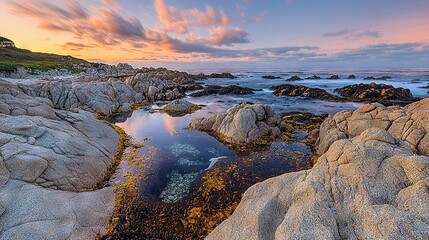   A lake encircled by boulders, featuring a sunset backdrop and cloudy sky above the water surface
