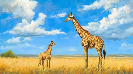 Obraz premium A Mother Giraffe and Her Baby Grazing Together in the Wild